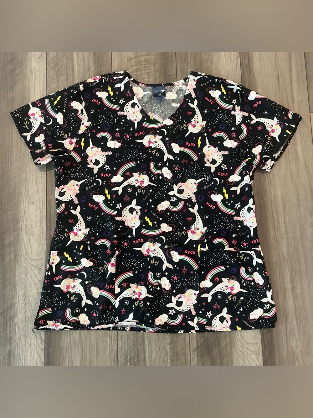 Women’s Black Short Sleeve Scrub Top with Unicorn & Rainbow Print